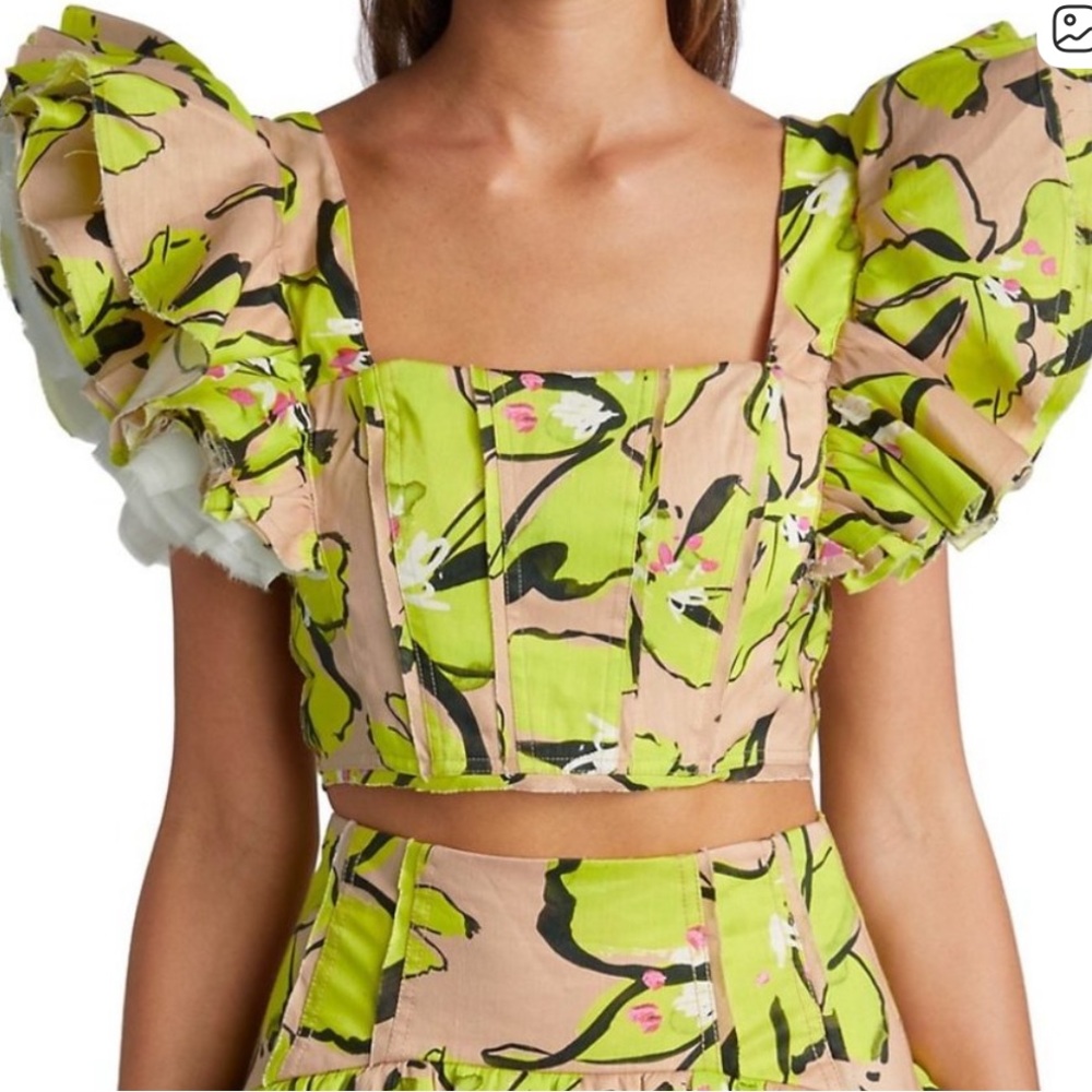 AJE Floral Puff-Sleeve Crop Top in Lime Green and Beige